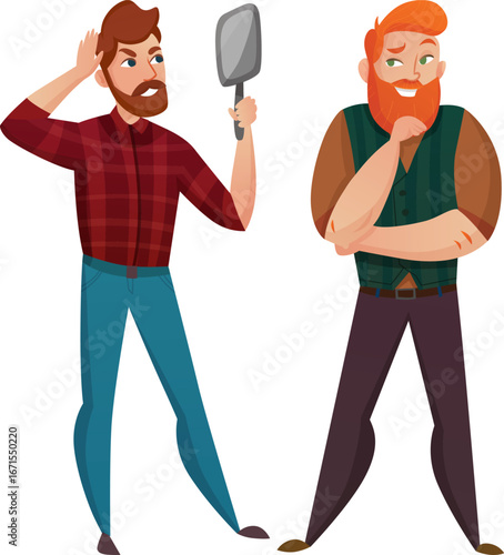 Two Bearded Men Examining Themselves, One with a Mirror and the Other Contemplating