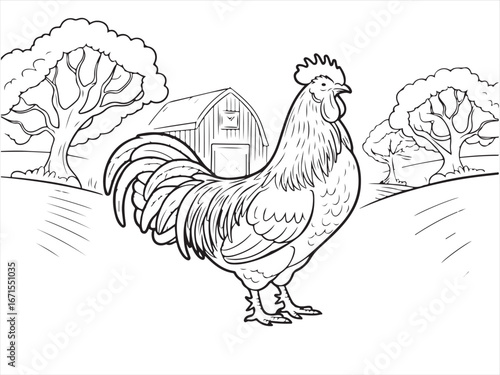 Beautiful Rooster Sketch – Proud Bird in the Field for Children’s Creative Art