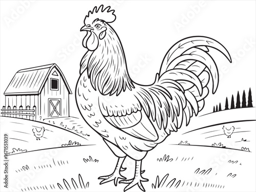 Majestic Rooster Standing Proud – Farmyard Bird Drawing for Kids’ Coloring
