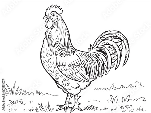Proud Rooster Standing in Grass – Cute Farm Animal Line Drawing for Children