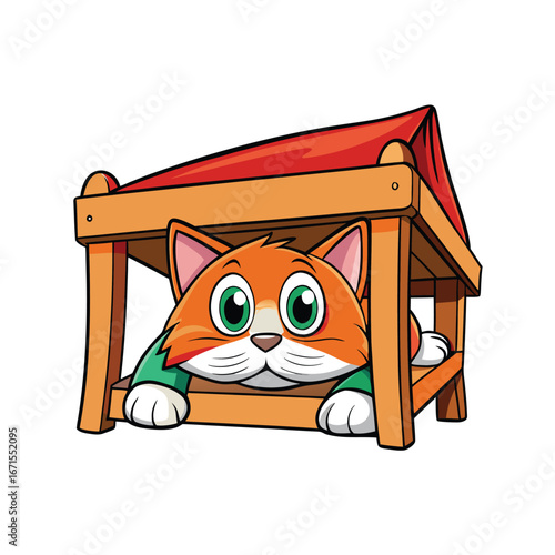 Cute scared cat hiding under a bed in a whimsical illustration