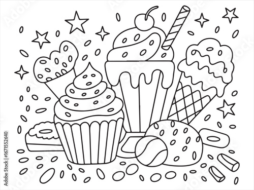 Cute Desserts – Ice Cream, Cupcakes, and Milkshakes for Kids' Coloring Fun
