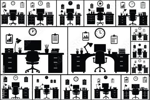 Multiple black silhouette office desks with chairs and accessories
