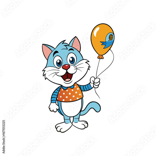 Joyful cartoon cat holding a fish shaped balloon and smiling brightly