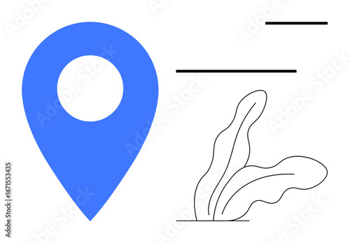 Large blue location marker next to a minimalist plant and abstract lines. Ideal for navigation, environment, sustainability, mapping, direction, location services, and simple flat metaphor