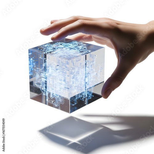 Hand raising AI glass cube with intricate embedded circuitry, soft shadows, pure white background.

