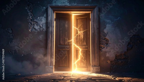Ancient door closing slowly with glowing cracks of light peeking through, depicting the final chapter ending
