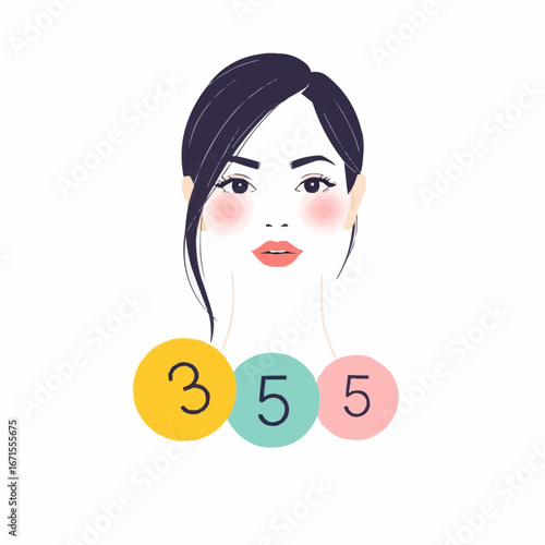 A woman's face with blush and numbers.  