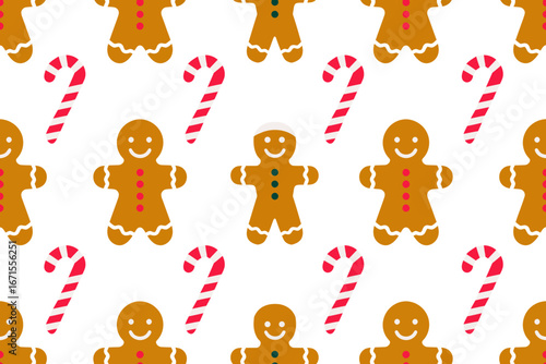 Festive Christmas pattern with gingerbread men and candy canes on a white background