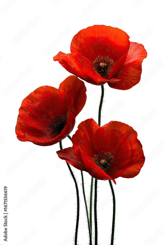 Obraz premium Three vibrant red poppies against a white background (5)