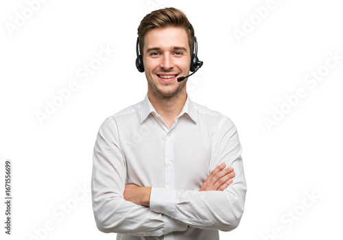 Smiling young man wearing a headset and white shirt with arms crossed isolated on transparent background