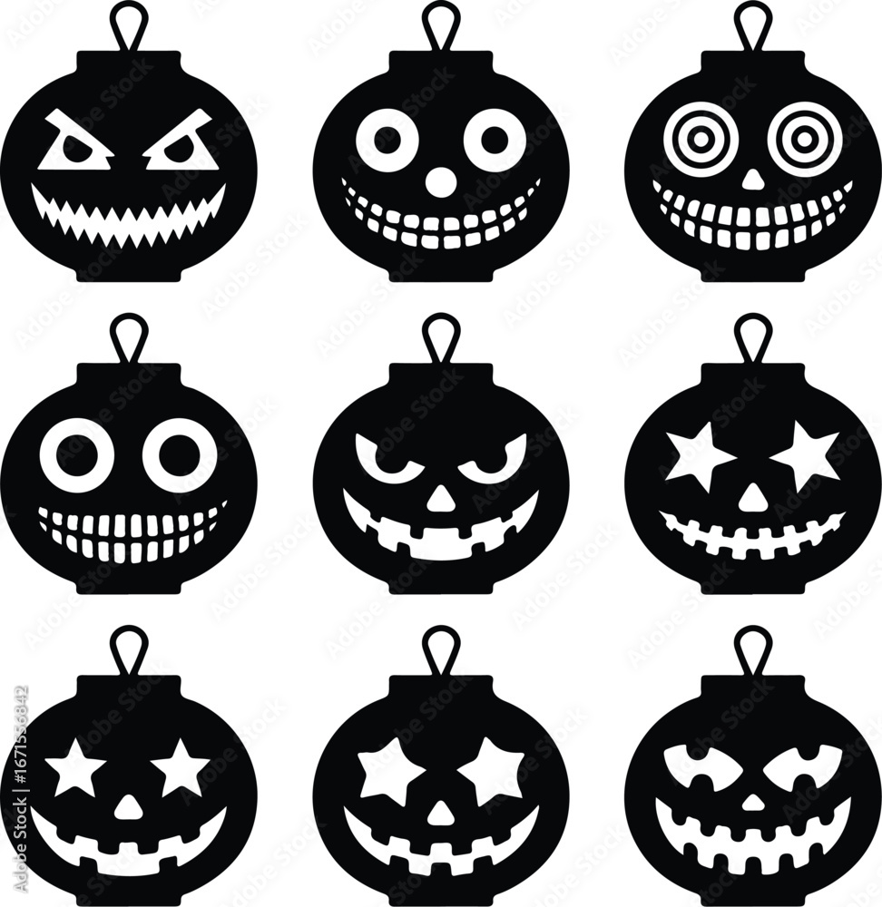 Fototapeta premium Halloween Lantern Face Silhouette Icon Set – Spooky Designs Jack-o’-Lantern Face Vector Collection – Scary Halloween Icons