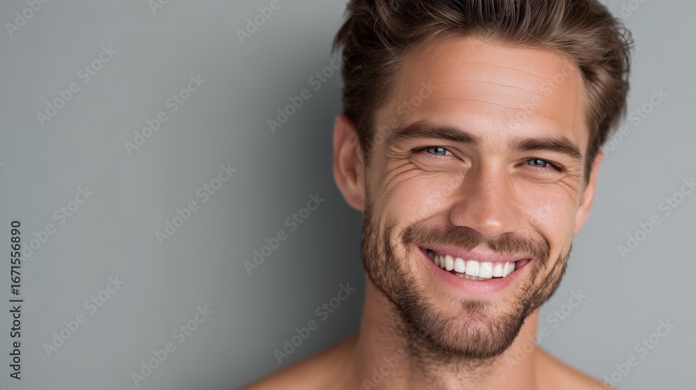 Fototapeta premium Male cosmetologist smiling confidently in a studio setting while promoting modern beauty trends