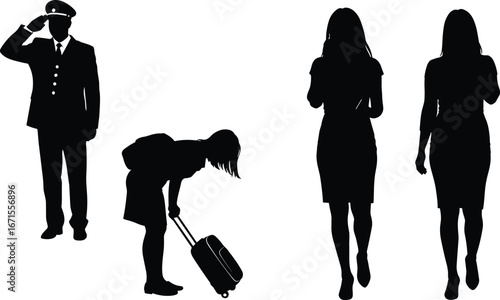 Airport traveler silhouette, pilot saluting, woman with luggage, passenger walking, tourist figure, flight journey, businesswoman traveler, travel concept illustration, tourism design