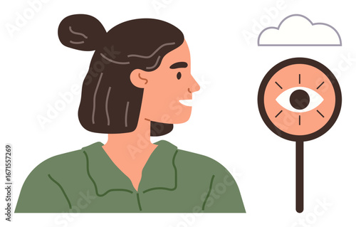 Woman looking at a round eye sign, representing awareness and perception under a minimalistic cloud. Ideal for mindfulness, observation, focus, introspection, insight, vision, and personal growth