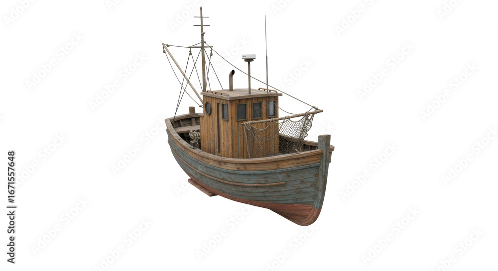 Naklejka premium A rustic fishing boat moored in a tranquil harbor with scenic coastal views isolated on white background