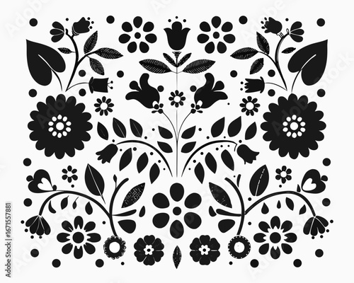 Black and white folk art floral pattern with stylized flowers and leaves