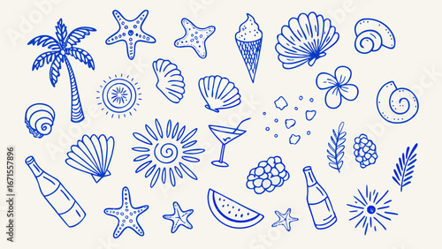 Collection of hand drawn summer beach icons in blue ink on a cream background