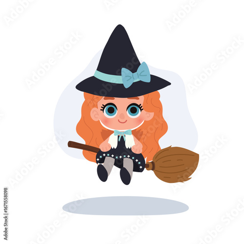 cute witch girl halloween cartoon illustration child character flying with broomstick adorable