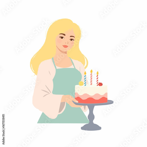 A blonde woman carries a birthday cake with candles.  