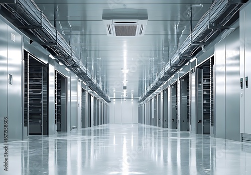 Photo of an empty industrial cold room with stainless steel shelves, designed for commercial refrigeration storage