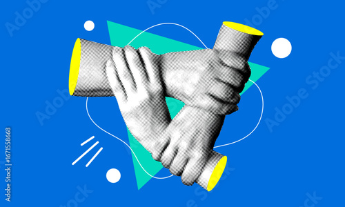 Teamwork. Halftone hands hold each others wrists in circle. Link team. Conveyor work. Business cycle. Team in circle for support. Modern collage. Community power. Business collaboration