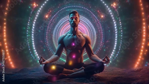 Meditierender Mann mit spirituell leuchtendem Hintergrund – Yoga, Meditation, Achtsamkeit, Spiritualität und innere Ruhe in Endlosschleife (Loop) für Wellness, Heilung und mentale Gesundheit