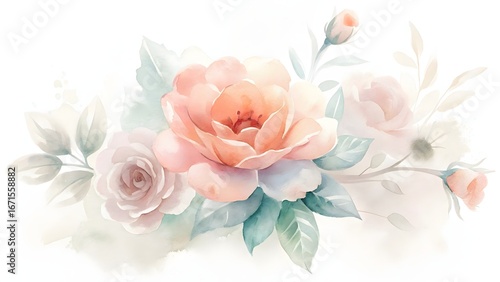 Fototapeta Naklejka Na Ścianę i Meble -  Watercolor floral arrangement with peach and pink roses
