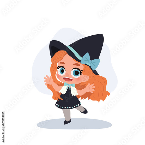 a cute little girl dressed as a witch with orange hair and big eyes smiling in costume illustration perfect for halloween