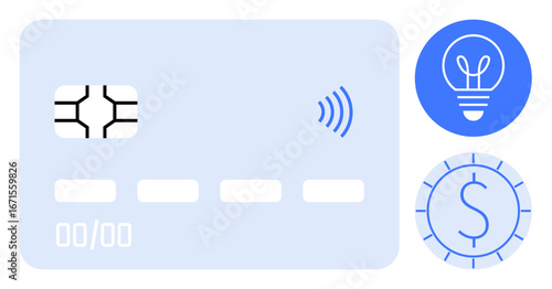 Credit card with contactless icon, chip, and symbols of a lightbulb and dollar coin. Ideal for finance, e-commerce, technology, innovation, payment systems, banking simple landing page