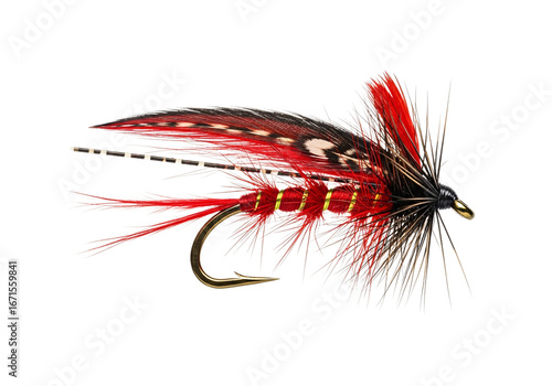 Detailed macro photograph of a vibrant red and black fishing lure with intricate feather and hackle details isolated on transparent background