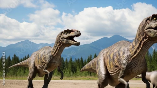 Two large dinosaur statues stand on a dirt road against a backdrop of mountains and trees.