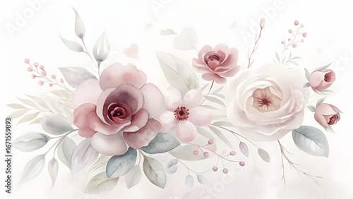 Watercolor floral arrangement with pink and white roses