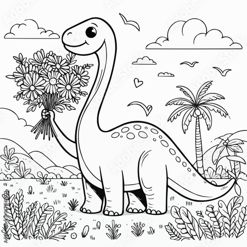 Gentle brontosaurus holding a bouquet of flowers illustration for children's coloring book, black and white style