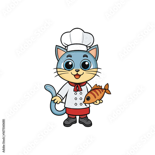 Adorable cartoon cat chef in a tall white hat holding a delicious fish ready to cook