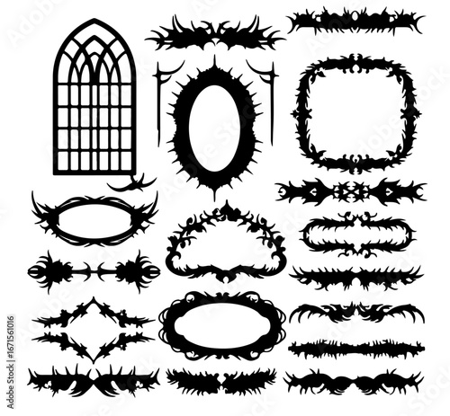 Gothic frame set, vector dark fantasy vintage border, medieval tribal spike decor, Halloween graphic. Arch window symmetric silhouette, game menu design, baroque mirror shape. Gothic frame collection