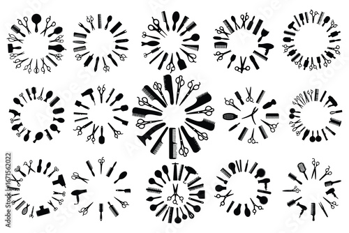 Black silhouettes of hairdressing tools arranged in circles