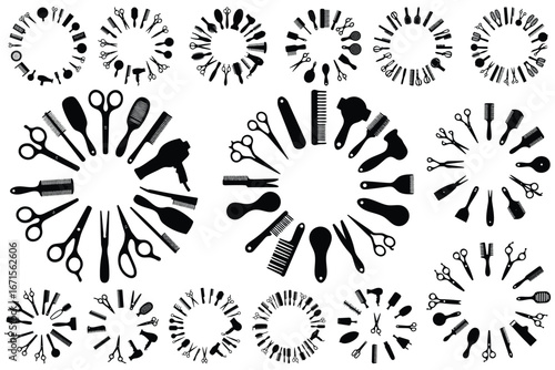 Black silhouettes of hair styling tools arranged in circles