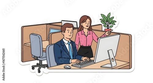 Two colleagues working together at a computer in an office cubicle.