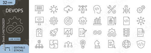 Devops icons set. Includes automation, cloud, code, CI/CD, pipeline, and server symbols. Editable stroke. Line icons. Perfect for IT, development, and infrastructure projects.