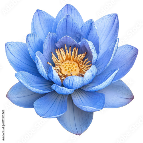Close-up of a beautiful blue lotus flower with delicate petals and yellow center, symbolizing purity, spirituality, and enlightenment.
