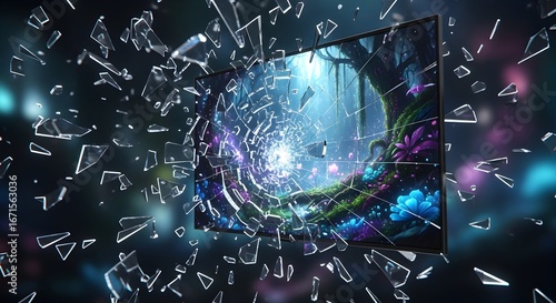 Shattered screen with a vibrant fantasy forest image.
