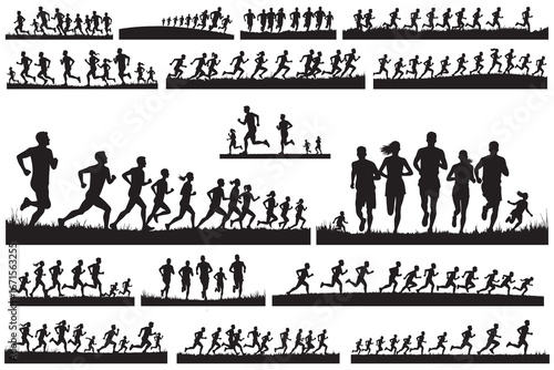 Diverse group of people running in silhouette race