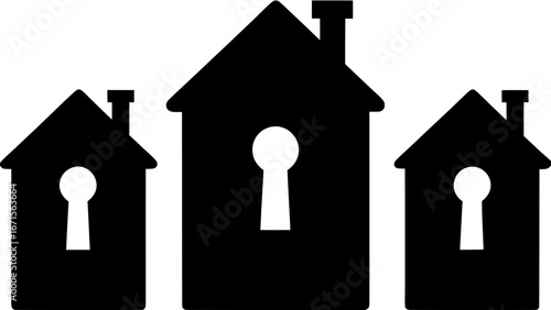 Home Security Concept – Three uniform house shapes in pure black and white, each containing a key graphic, aligned horizontally, flat style, simple and easy to recognize