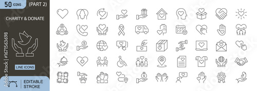 Charity icons set. Includes donation, heart, care, volunteer, support, fund, and community symbols. Editable stroke. Line icons. Perfect for NGOs, fundraising, and social welfare projects.