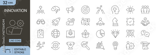 Innovation icons set. Includes light bulb, idea, brain, research, creativity, and technology symbols. Editable stroke. Line icons. Perfect for startups and creative projects.