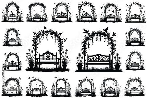 Black silhouette garden arches with benches and birds