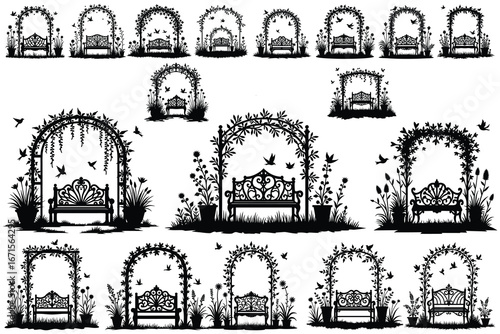 Black silhouette garden arches with benches and birds