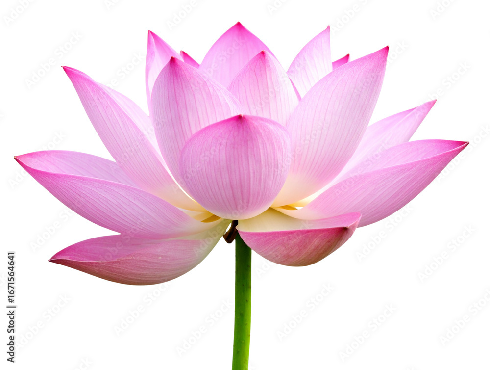 Naklejka premium Single Elegant Pink Lotus in Full Bloom with Stem, Side Angle, Isolated PNG