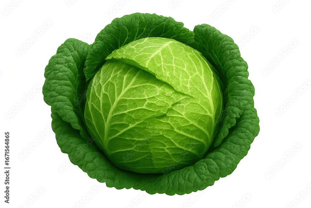 Fototapeta premium Vibrant green cabbage with tightly packed leaves, isolated on a transparent background, perfect for food and health-related projects